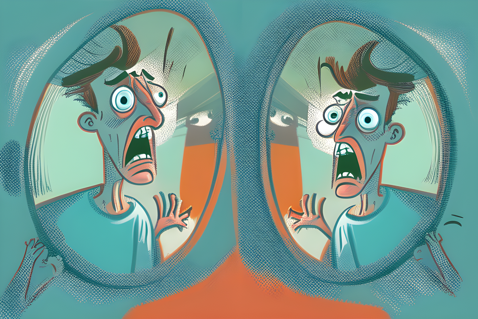Illustrate a cartoonish man looking into a mirror and being shocked to see a different face