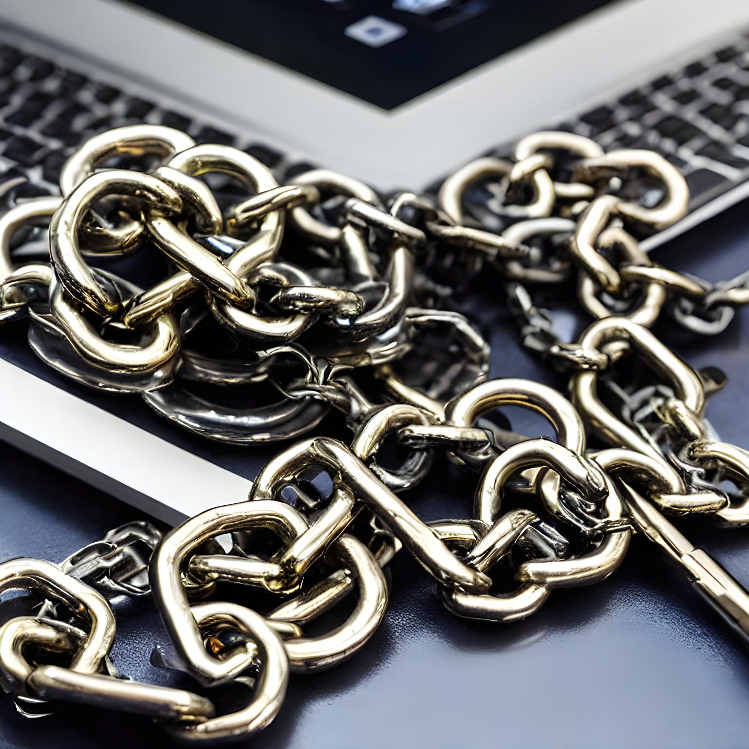 Illustrate a chain fastened with padlocks around a desktop computer.