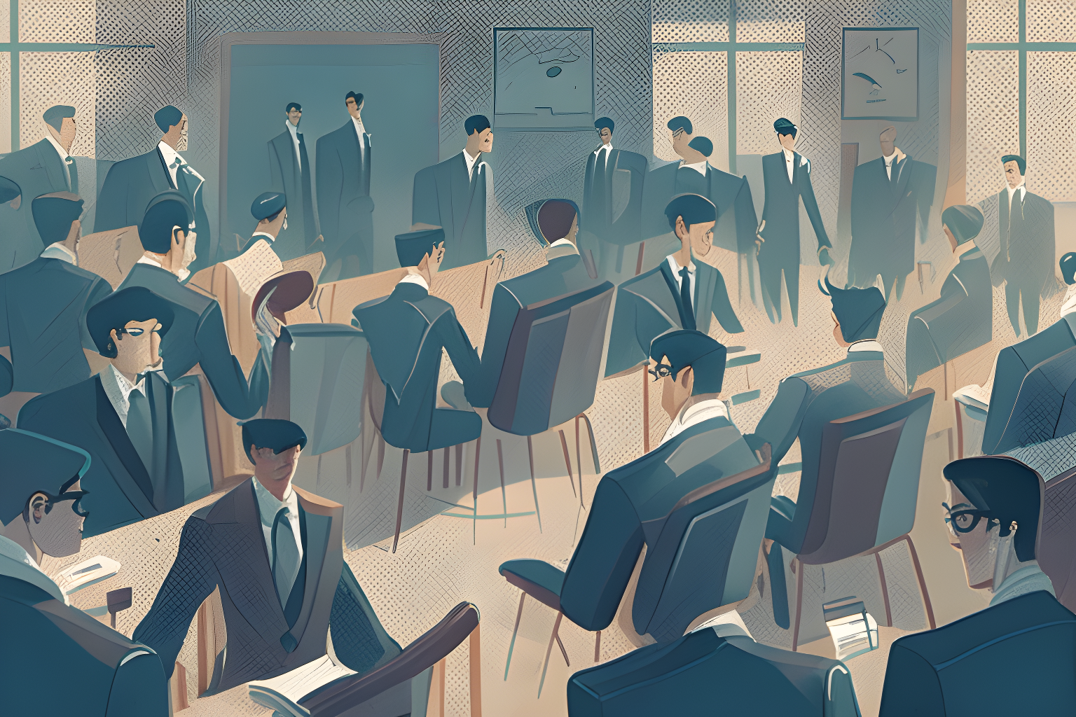 Illustrate a class room where all the students are wearing suits.