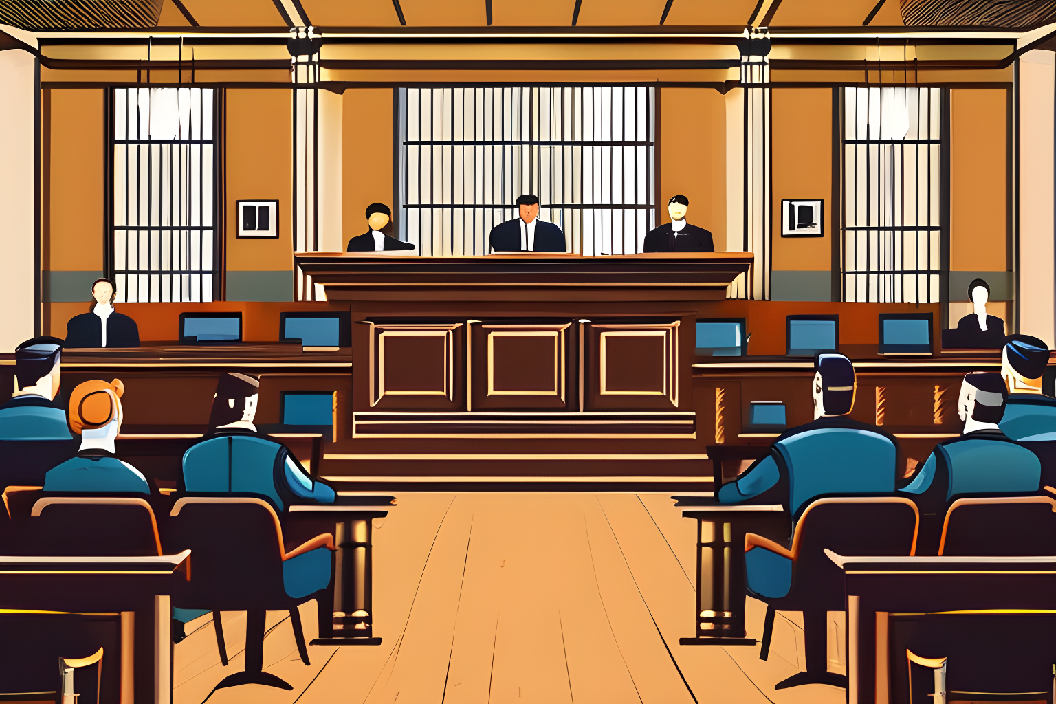 Illustrate a court room full of people