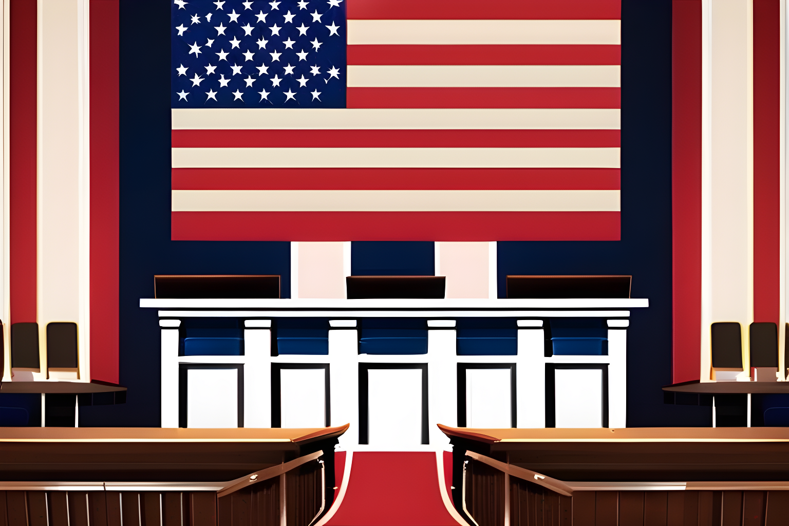 Illustrate a court room with the american flag as a back drop