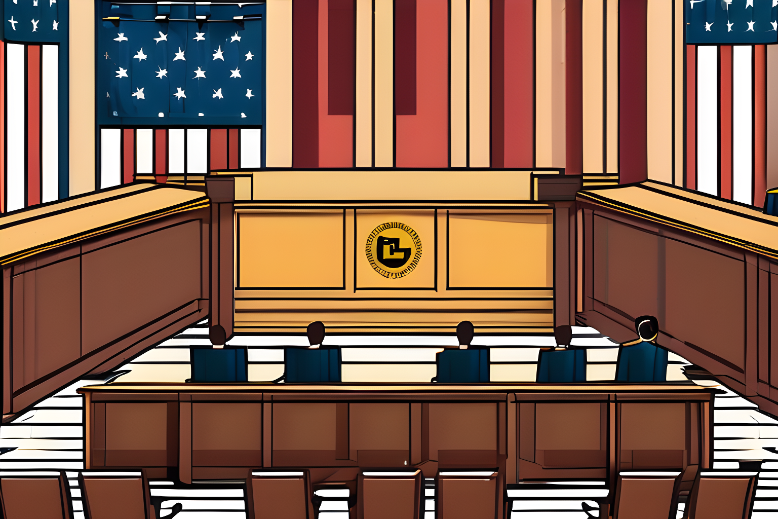 Illustrate a courtroom with the plaintiffs, the SEC, and the defendants, Binance facing off