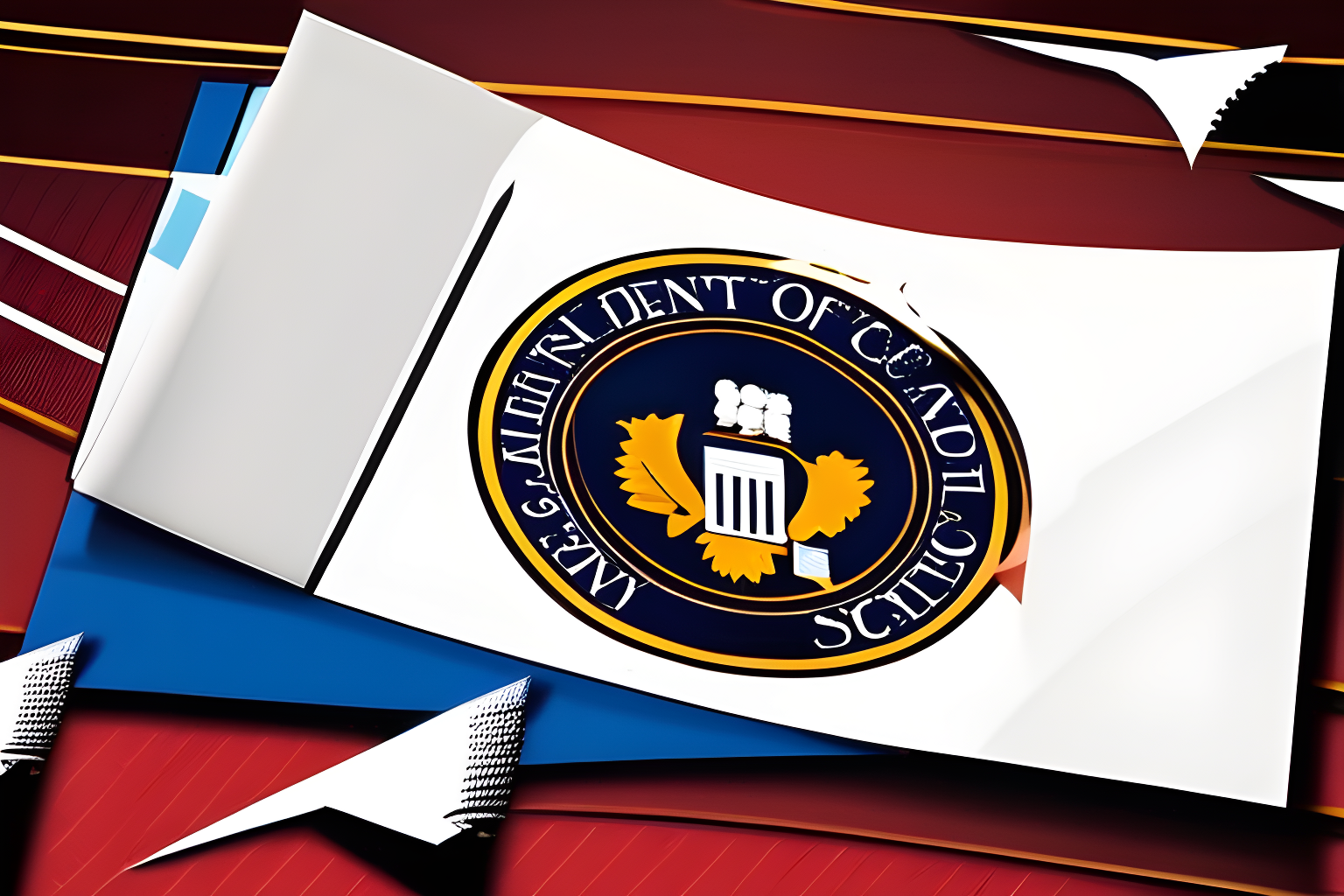 Illustrate a document, with the SEC's crest, being ripped to shreds