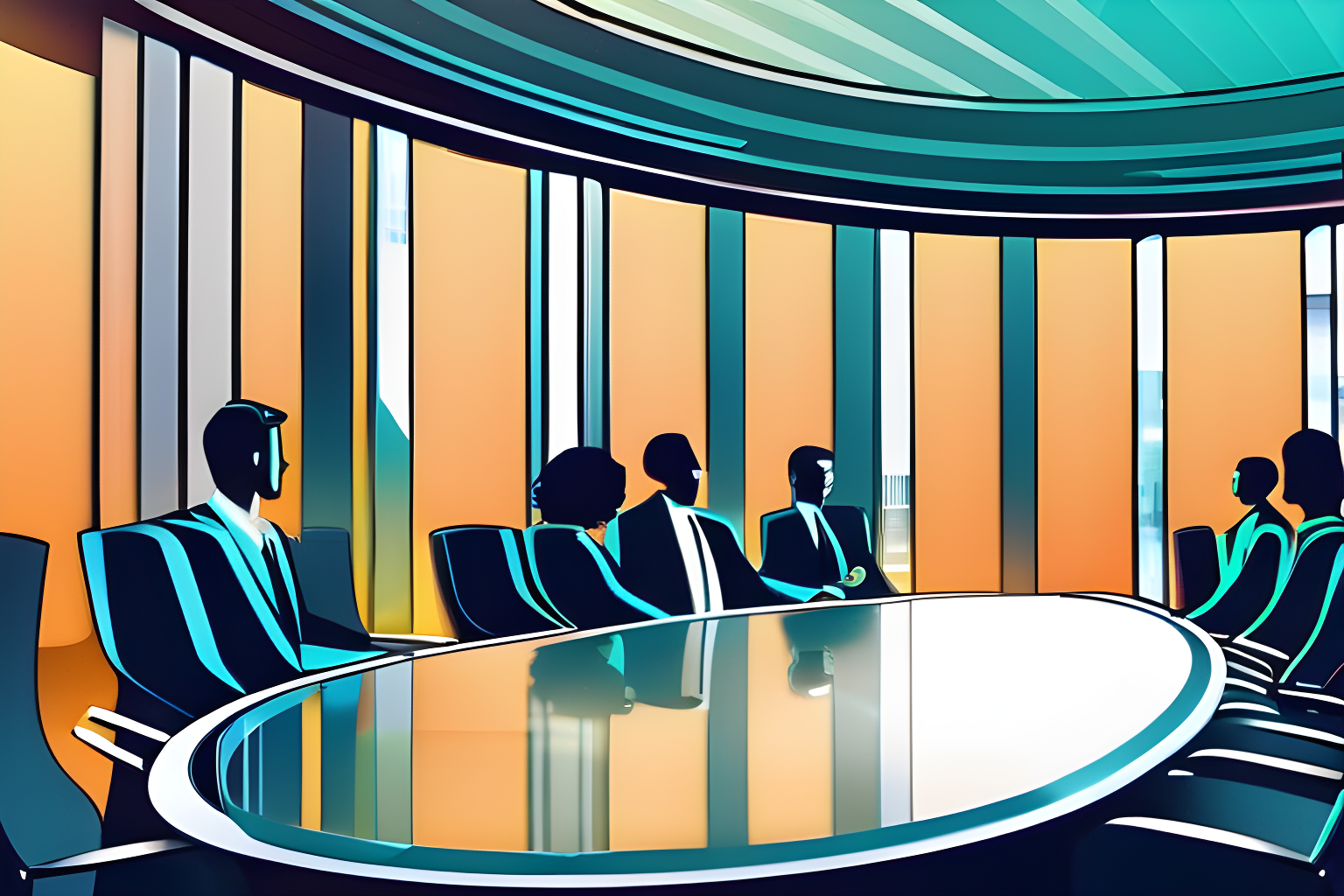 Illustrate a futuristic boardroom where humans and holograms are conversing