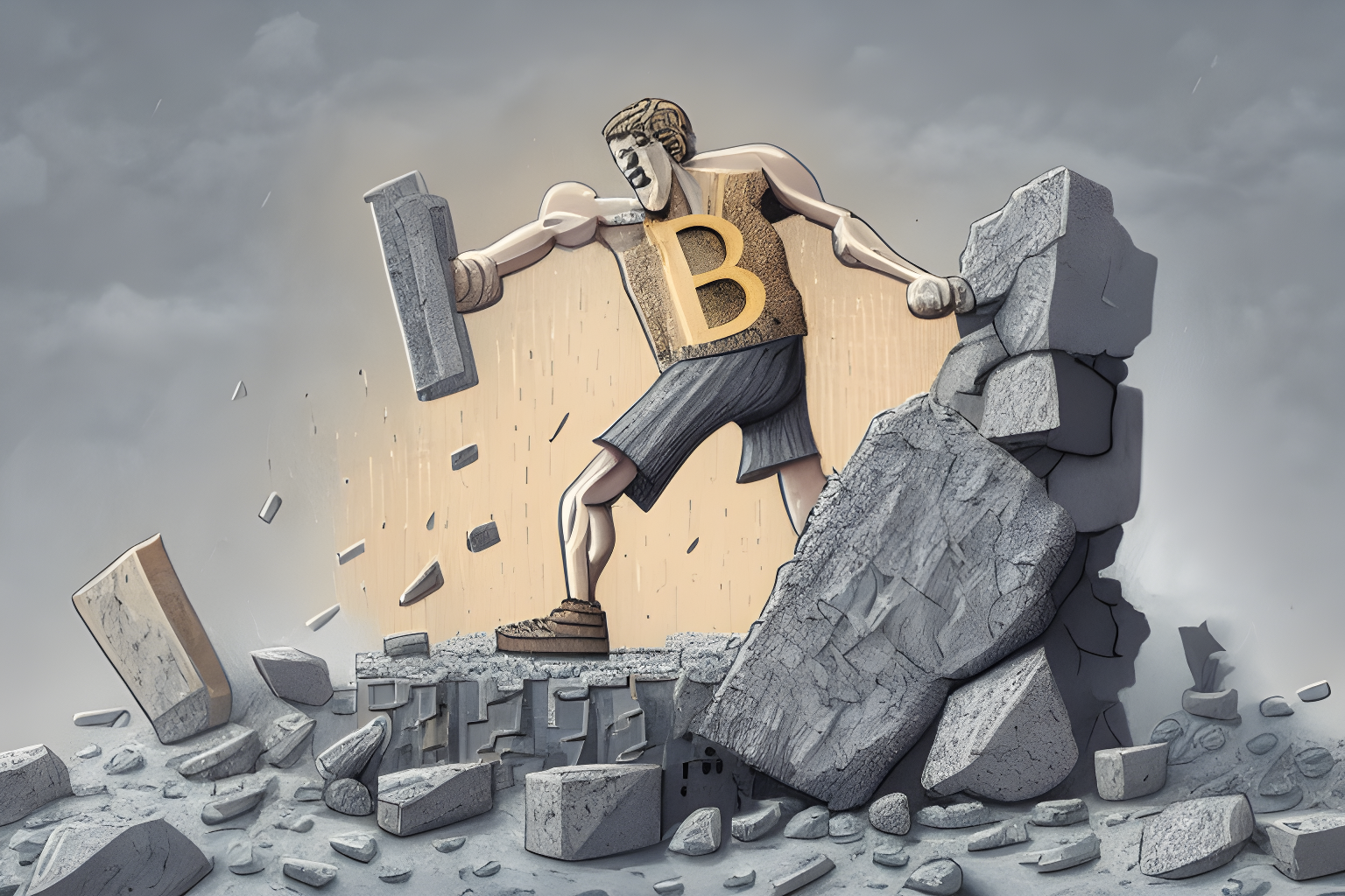 Illustrate a humanoid bitcoin token standing on rubble with a hammer in hand
