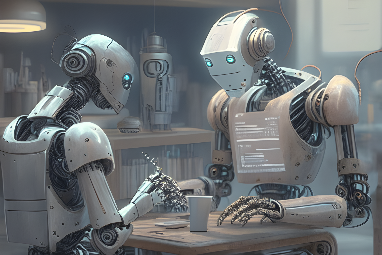 illustrate a humanoid robot performing a trade