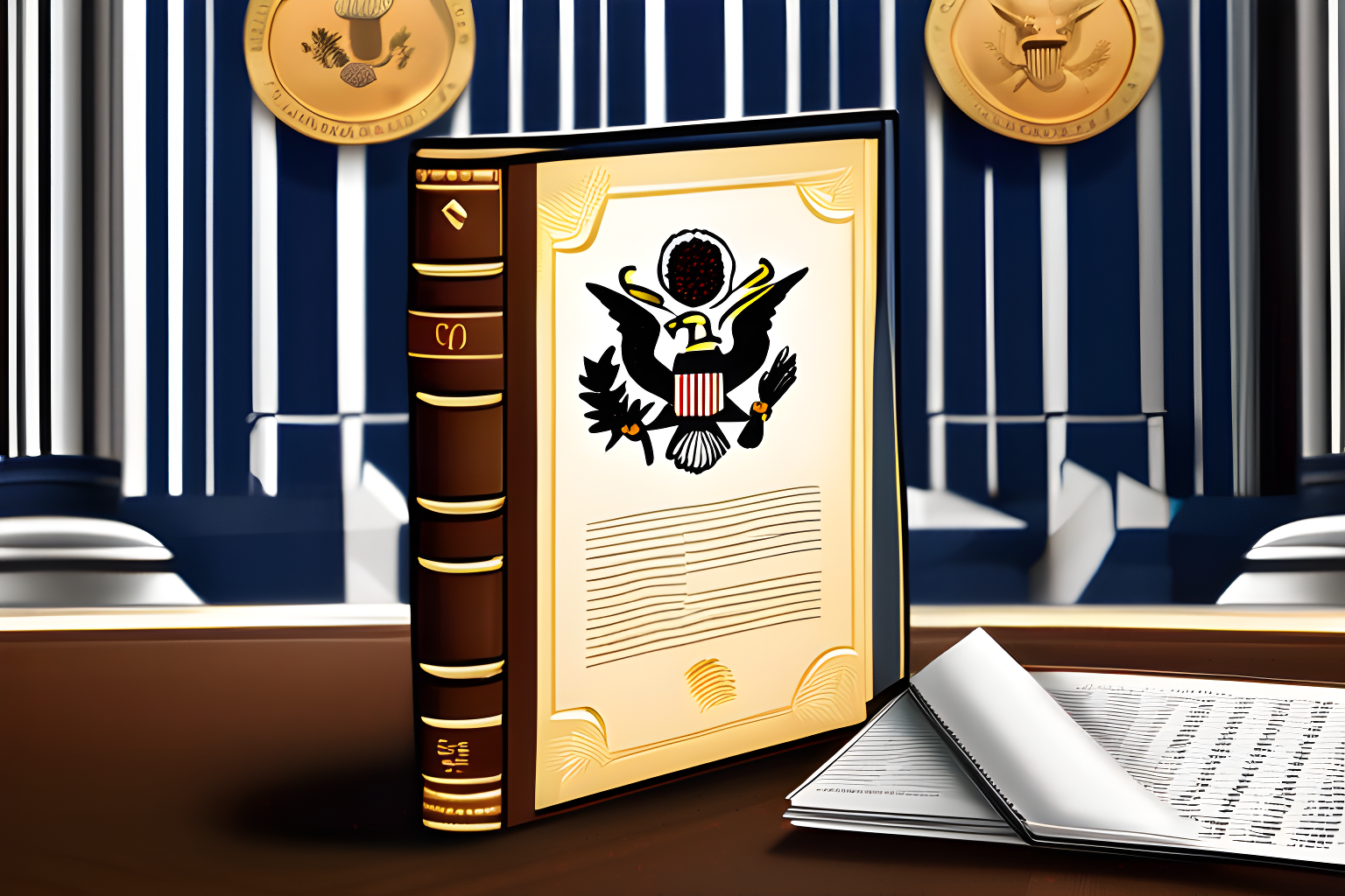 Illustrate a leather-bound document with the U.S SEC's crest plastered on it