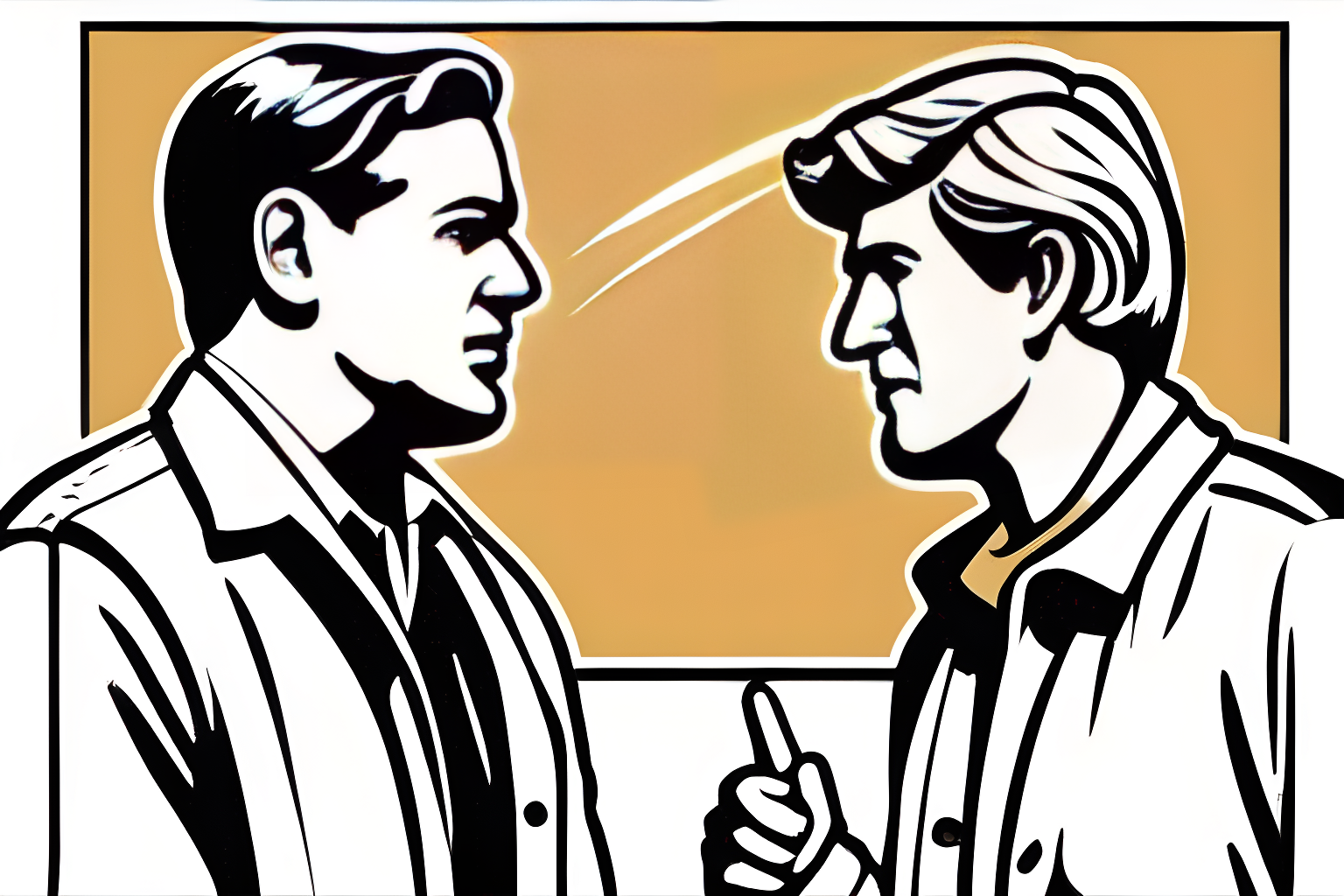 Illustrate a man pointing an accusing finger at another man