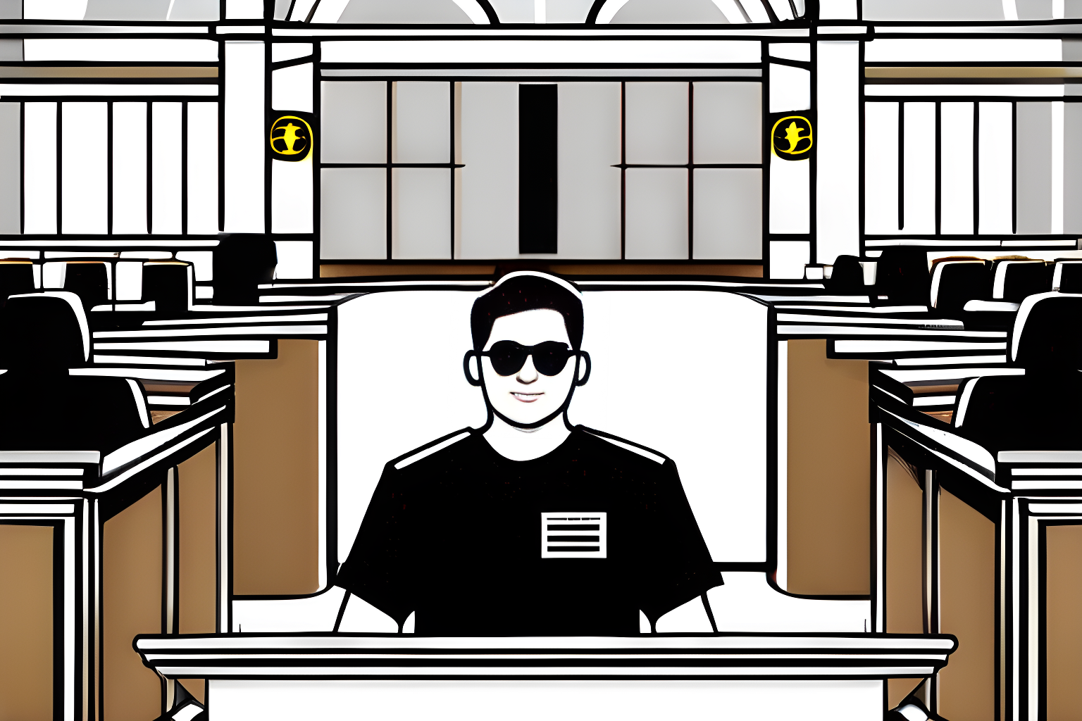 Illustrate a man wearing a binance t shirt on the witness stand in a court.