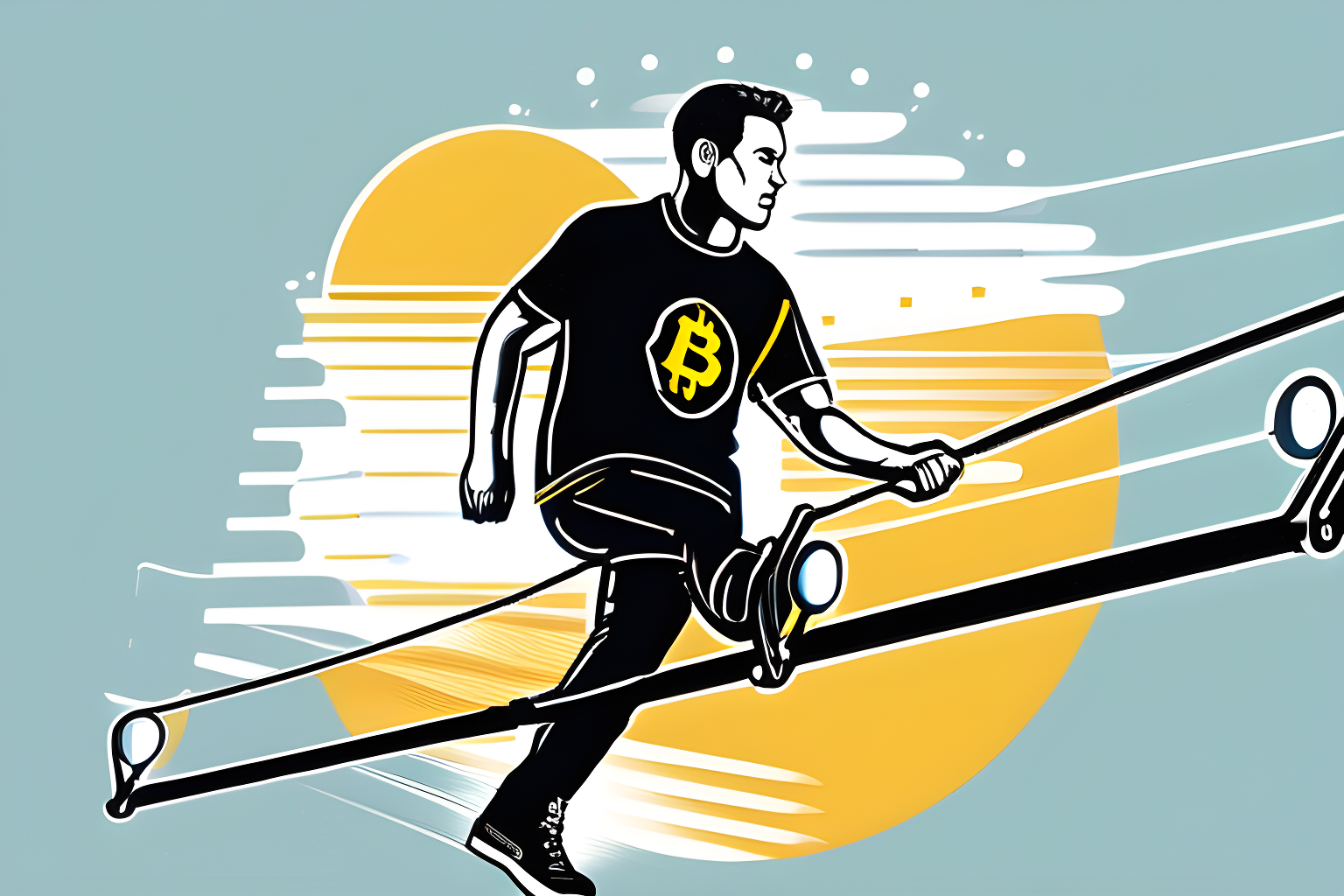 Illustrate a man, wearing a binance t-shirt, walking on a tightrope