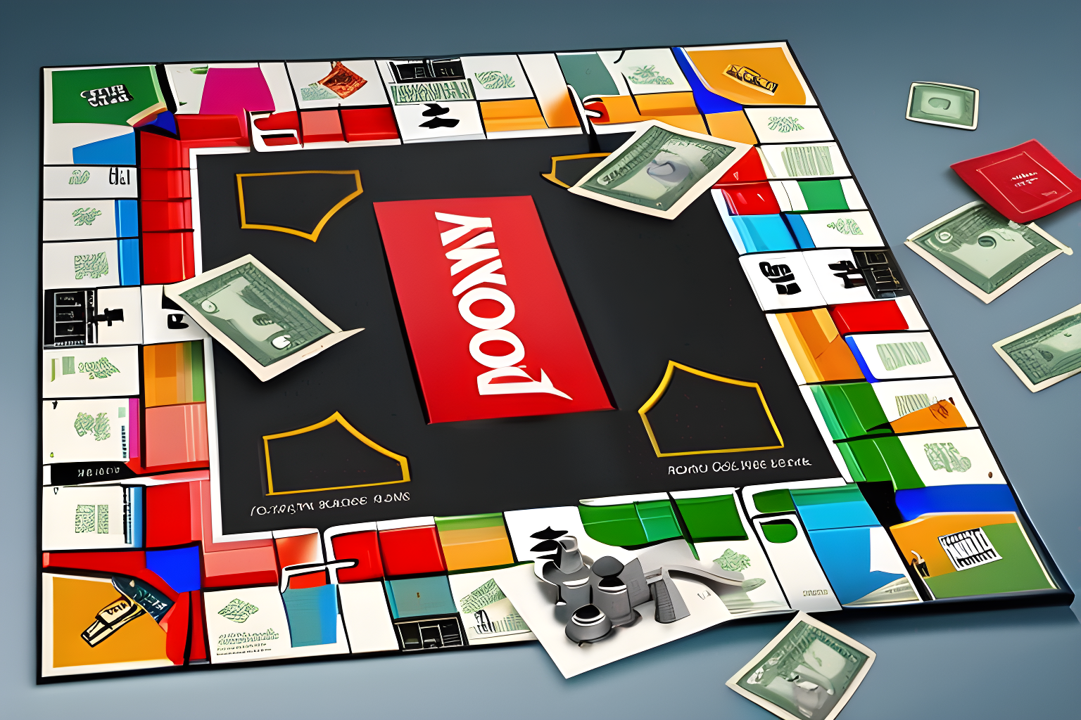 illustrate a microsoft branded monopoly board being torn apart.