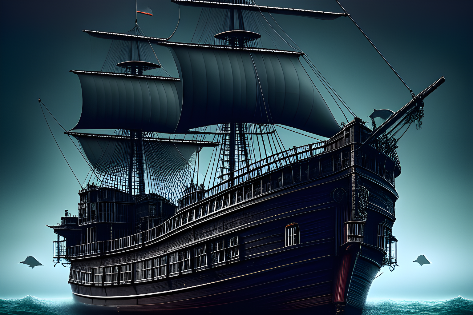 Illustrate a sinister-looking pirate ship