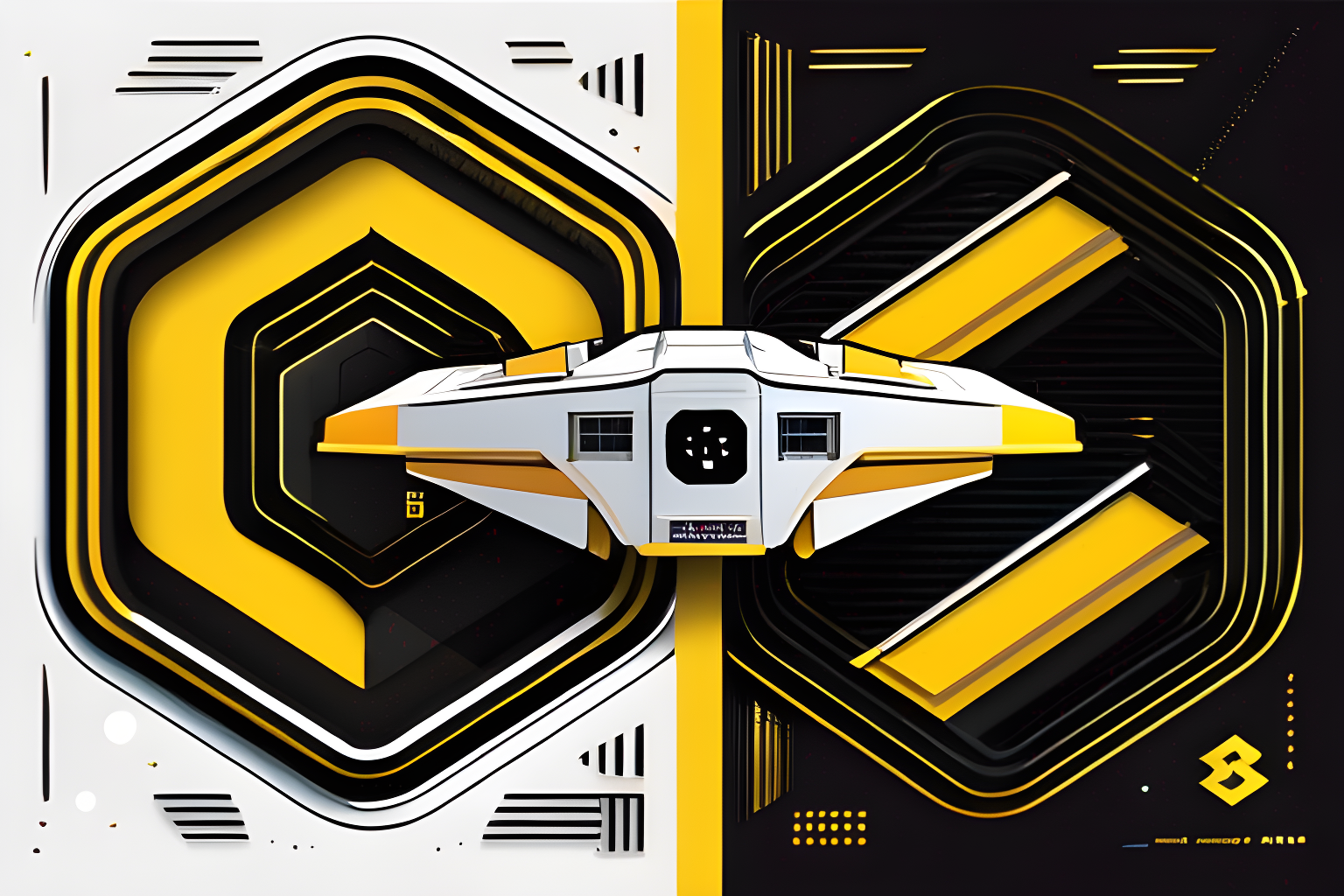 Illustrate a spaceship that is branded with Binance's logo