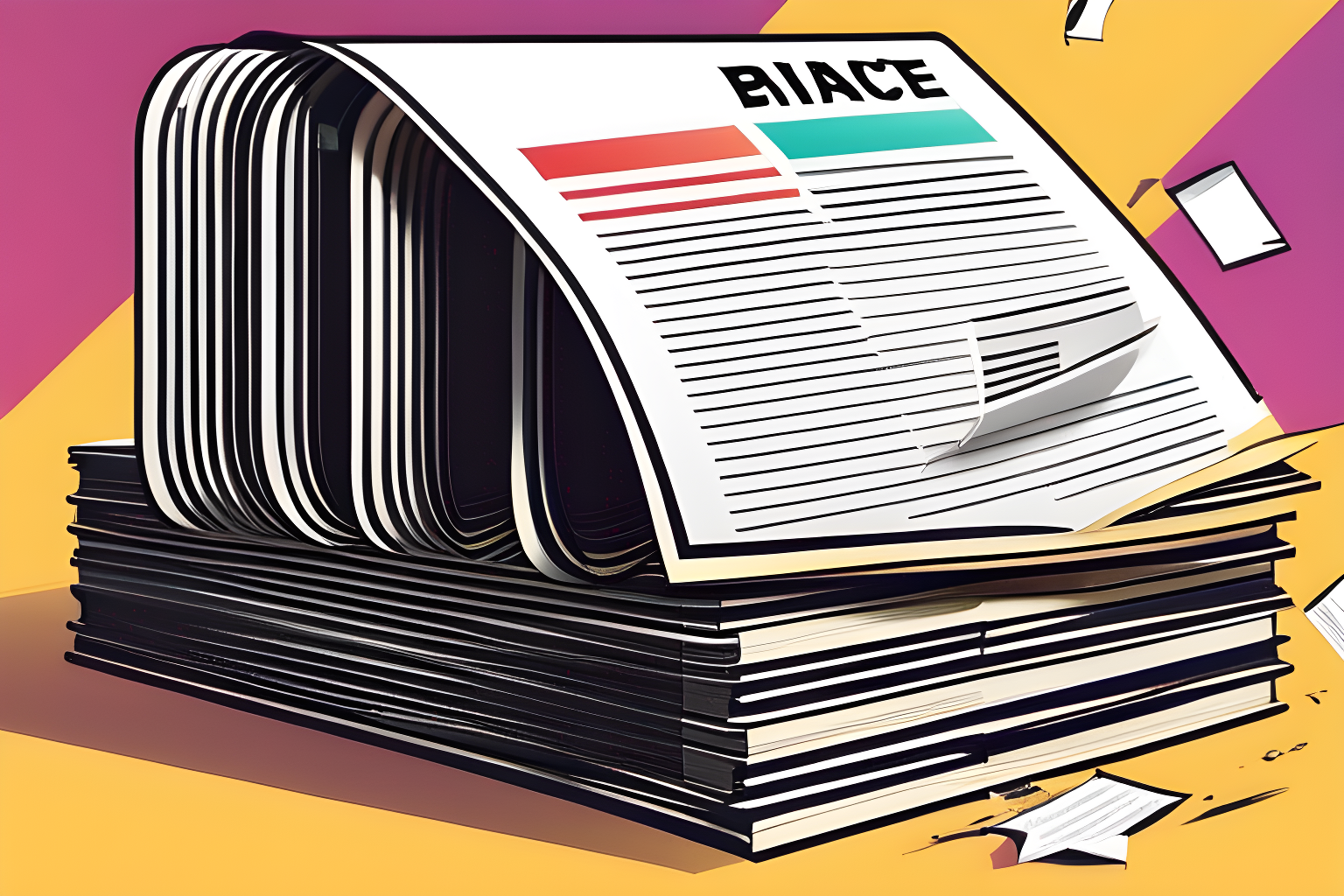 Illustrate a stack of documents being ripped apart by binance