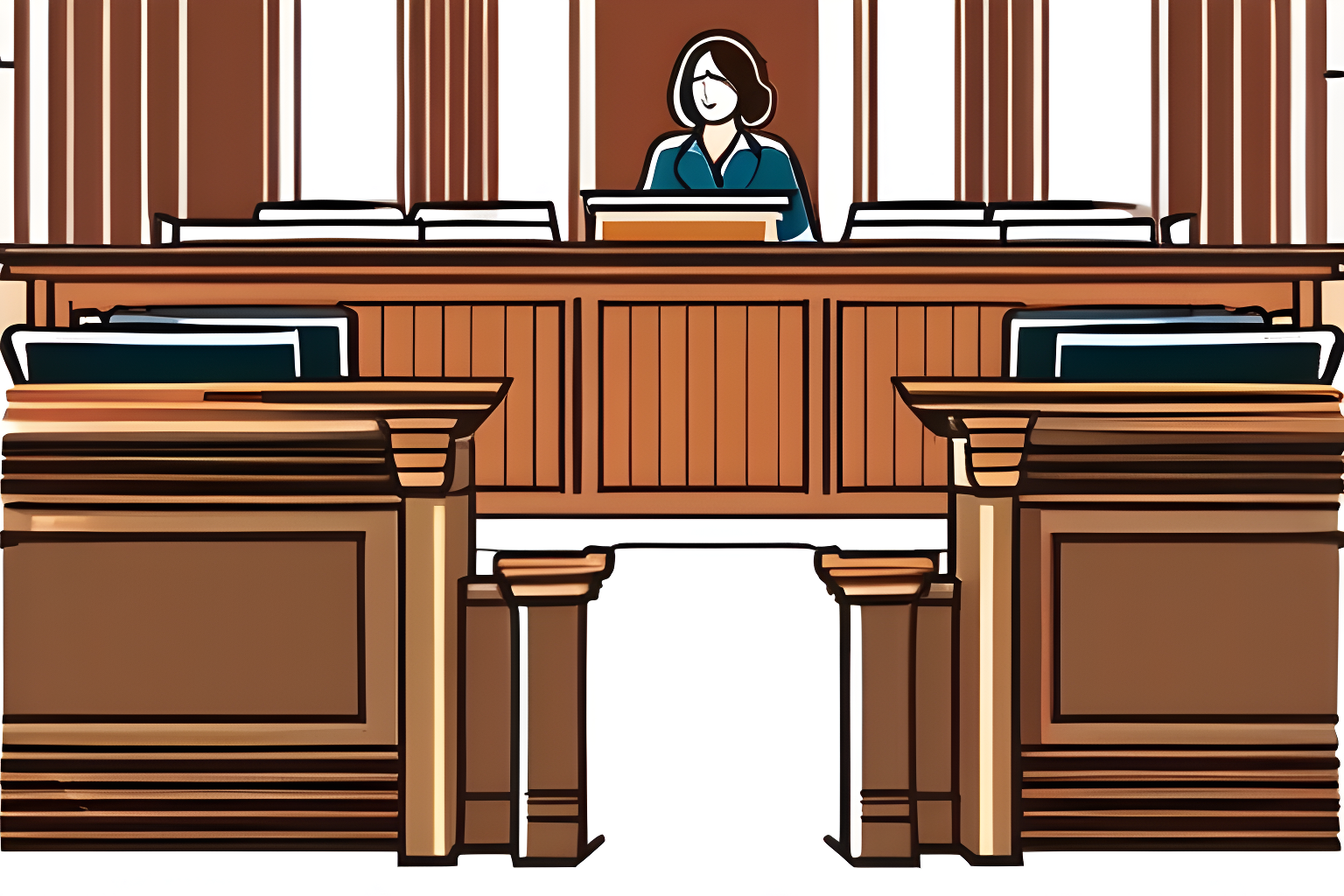 Illustrate a woman, reading from a document, in a court room's witness stand