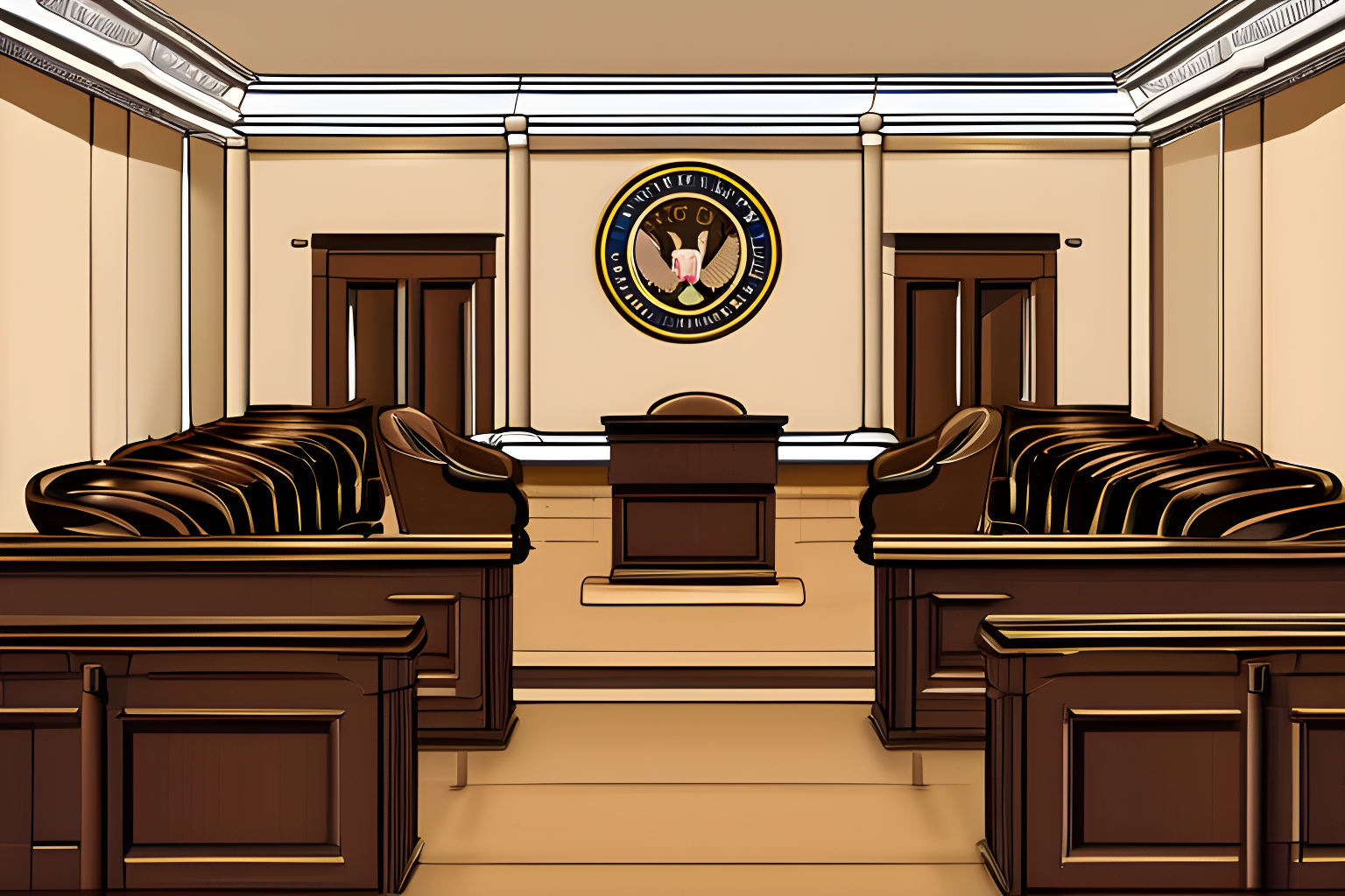 Illustrate an accurate representation of a court room with the U.S SEC's crest plastered on the walls of the plaintiff's section.