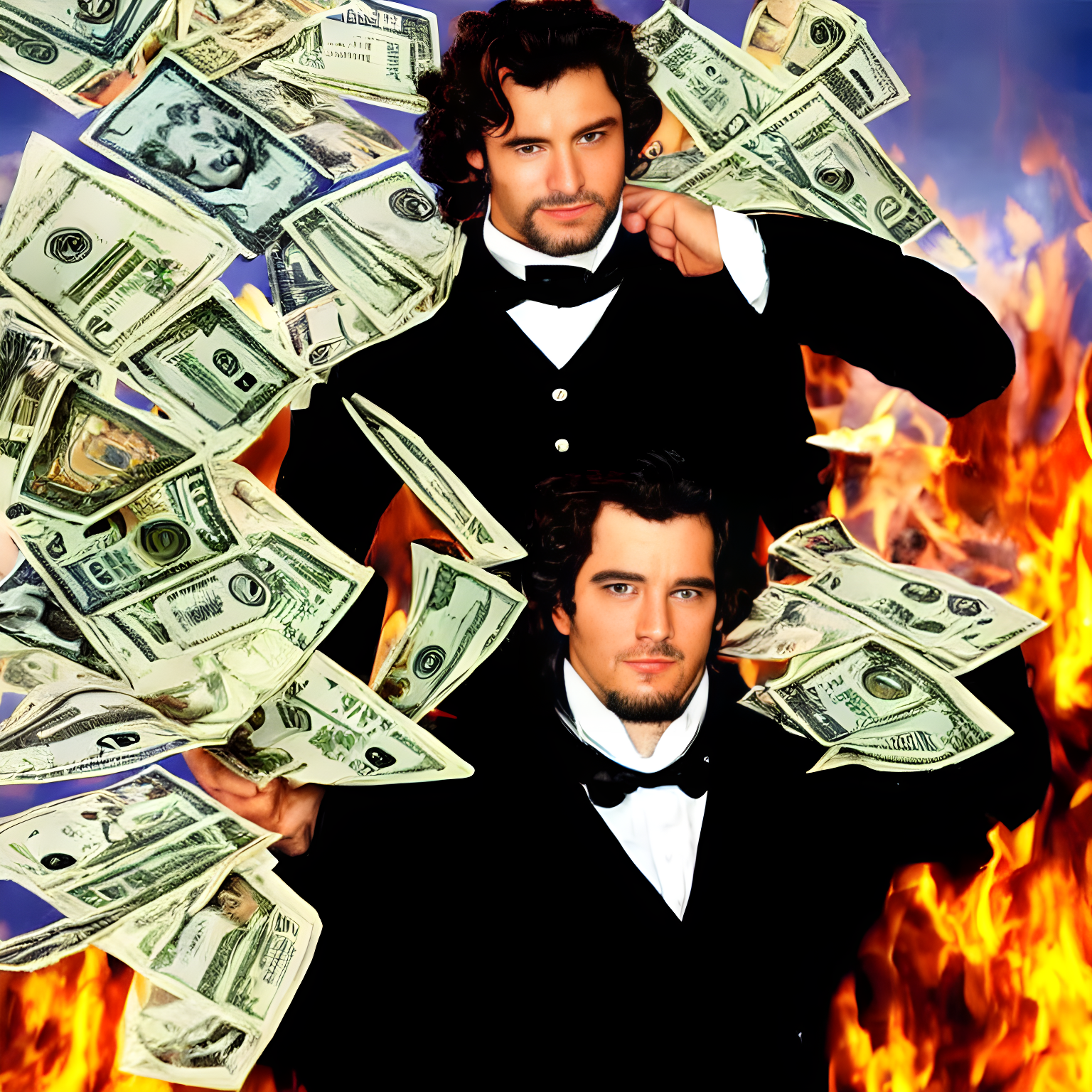 Illustrate the count of monte cristo holding a bank of money in front of a burning bank.