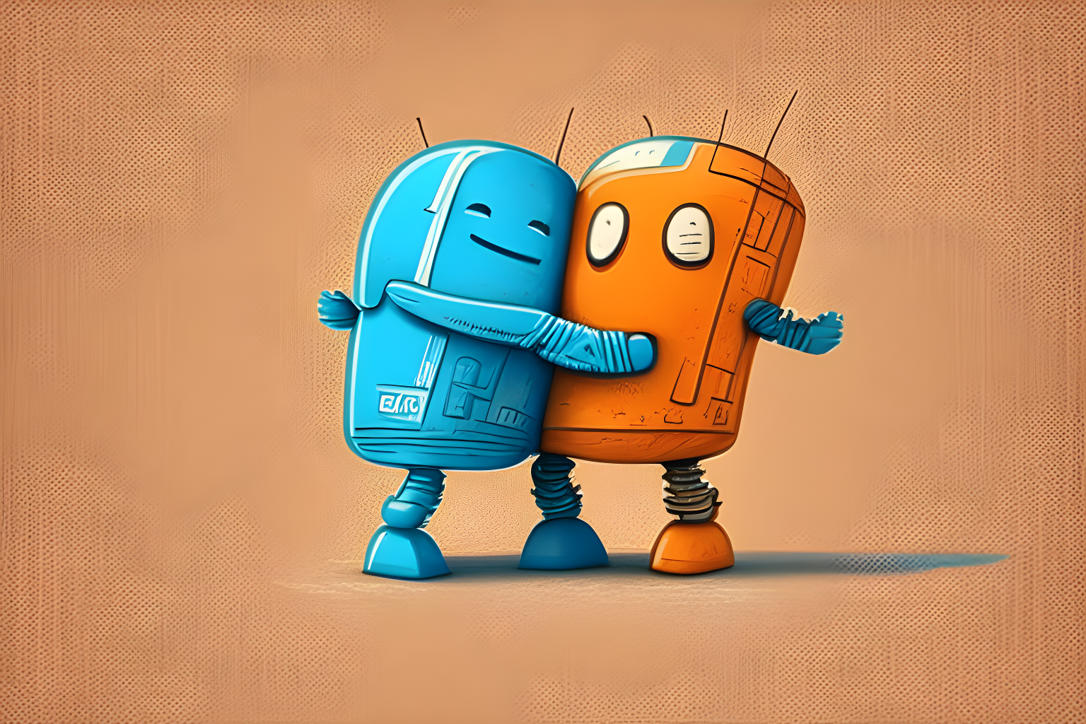 Illustrate two humanoid mascots of popular brands hugging