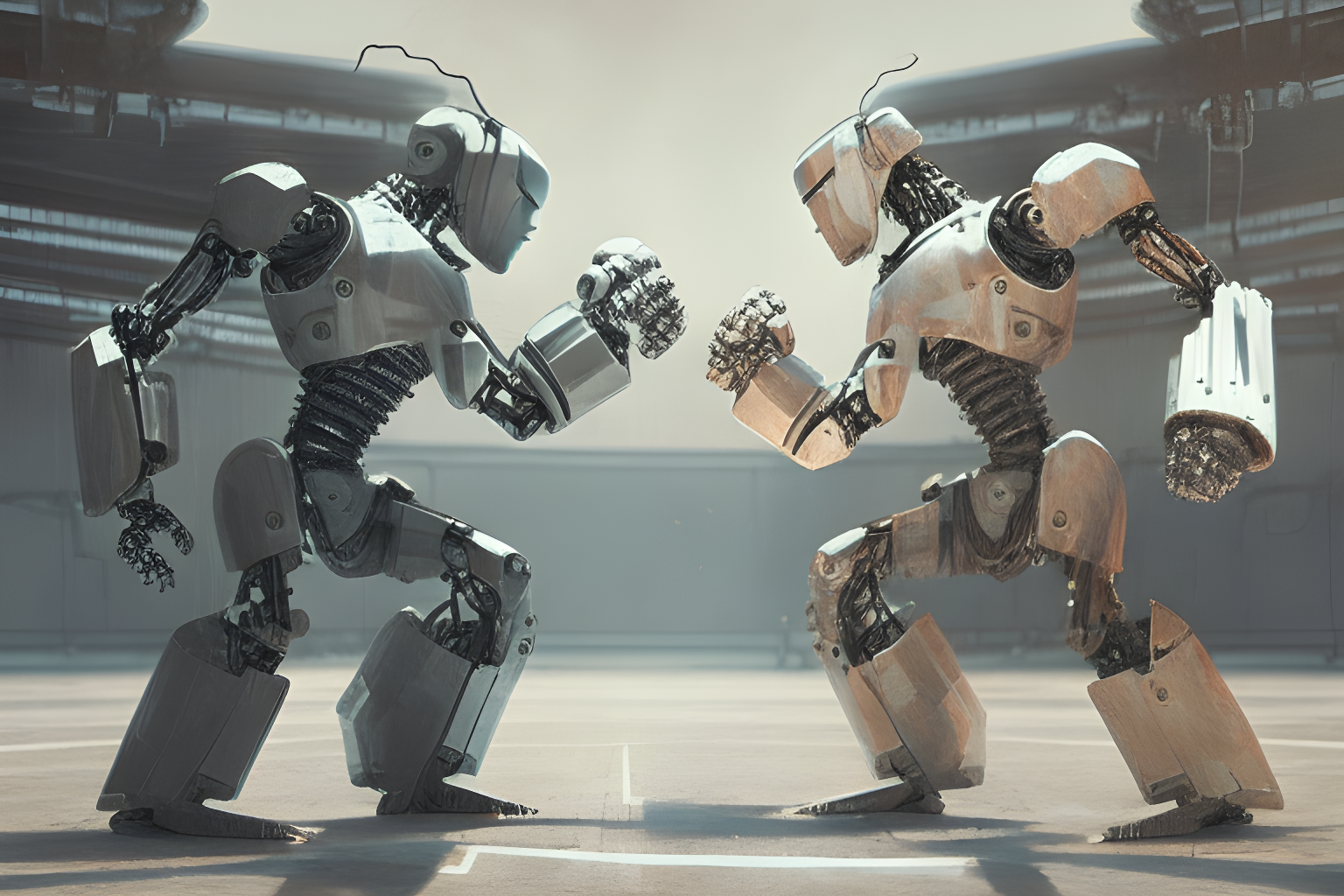 Illustrate two humanoid robots squaring off