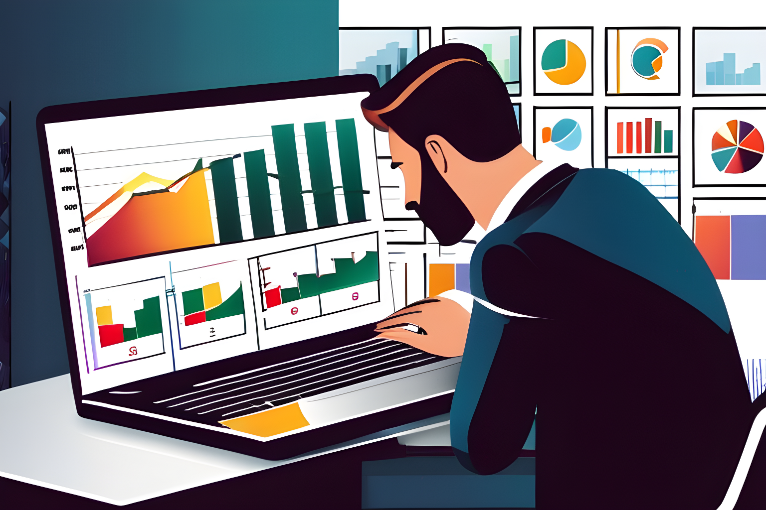 Ilustrate a man looking at an open laptop that displays charts