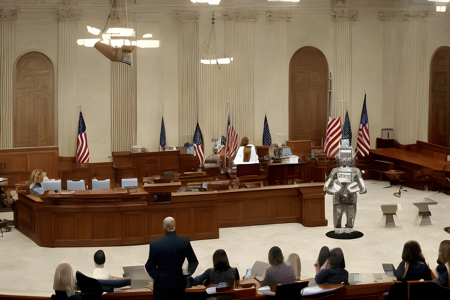 in the US supreme court of law, a pixelated robot represents itself, arguing and defending against criminal charge in front of a jury of its peerss