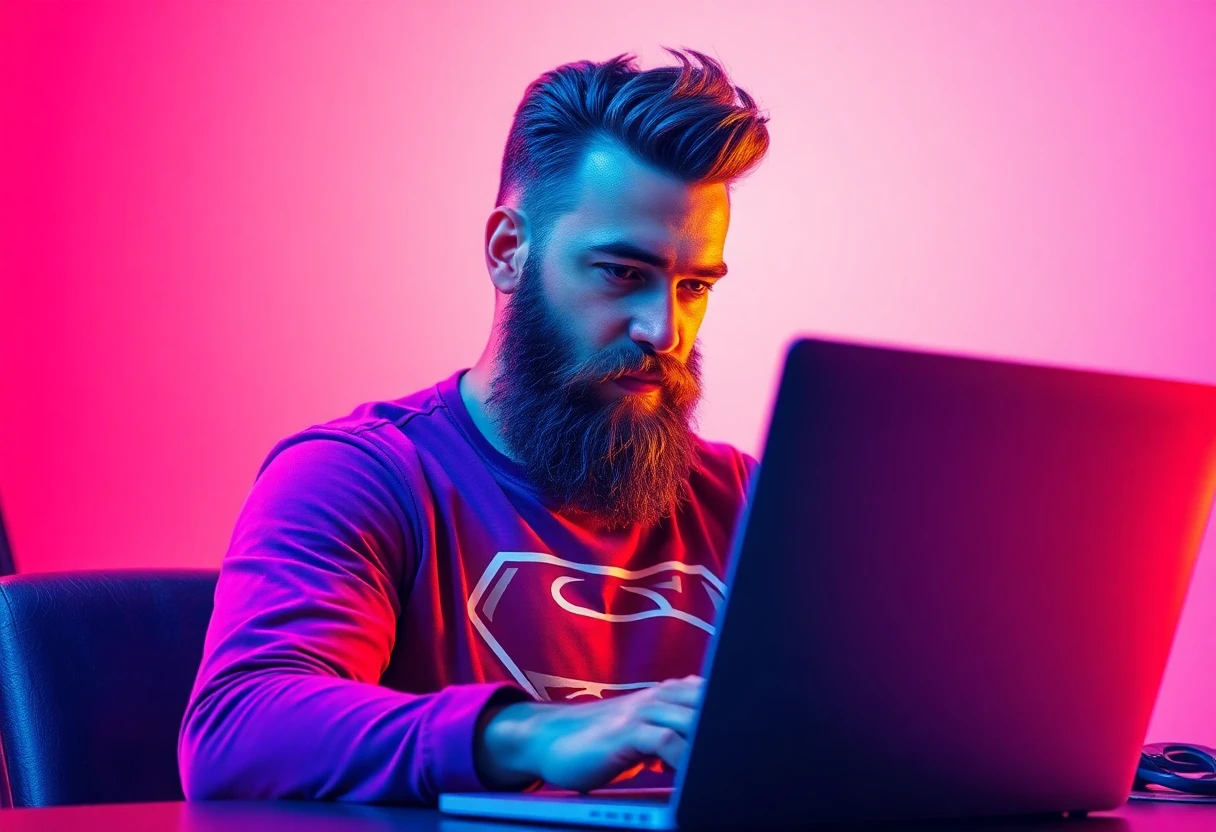 It is called "Vibe Coding": letting AI to code your creative ideas. Vaporwave colors and style. Supermanly bearded dude with a can of beer. behind a laptop.