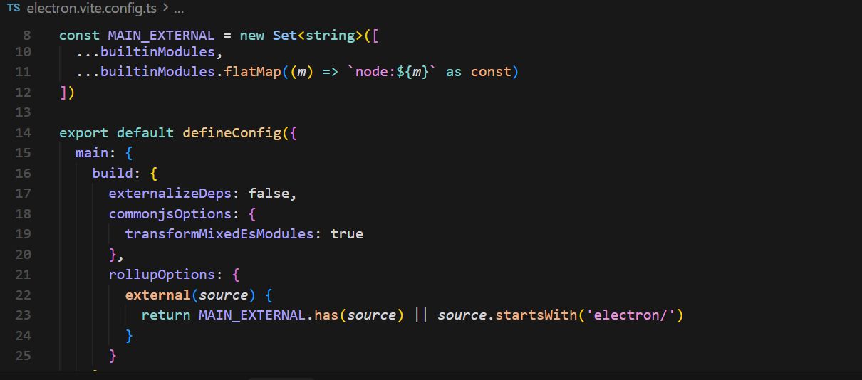 Fig 2: Resolving the Pure ESM compatibility issue by forcing Vite/Rollup to bundle dependencies directly into the Electron Main process (externalizeDeps: false).