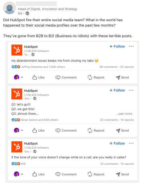 LinkedIn post calling out HubSpot's LinkedIn posts