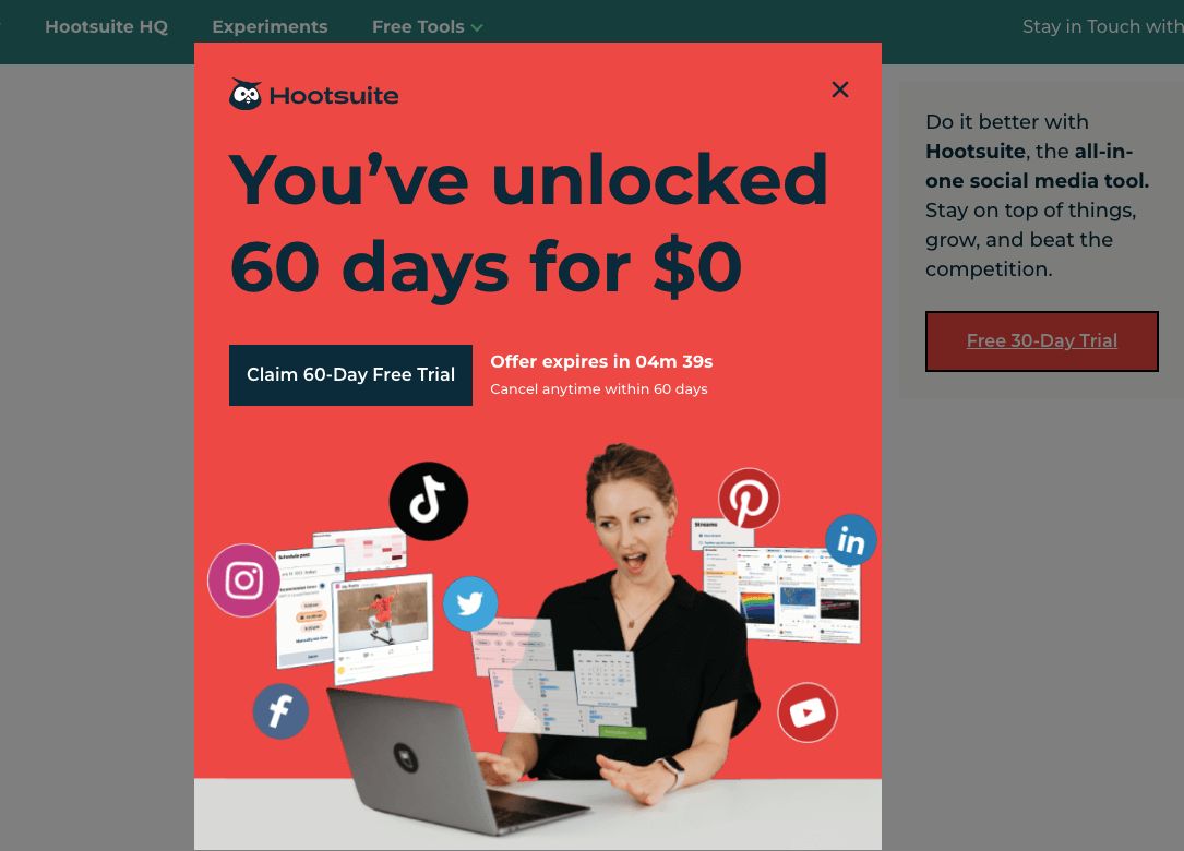 A pop-up form displayed on Hootsuite's blog using the $0 tactic