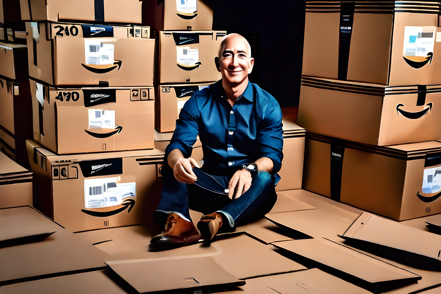 Jeff Bezos sitting on a pile of Amazon boxes