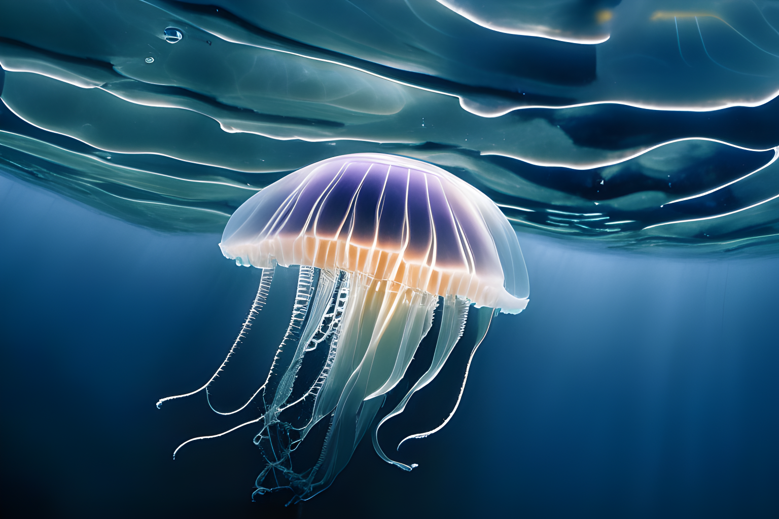 jelly fish floating from left to right in a deep vast ocean, viewpoint from below