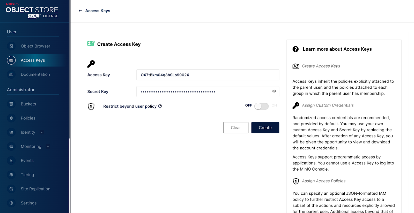 Create Access Key page