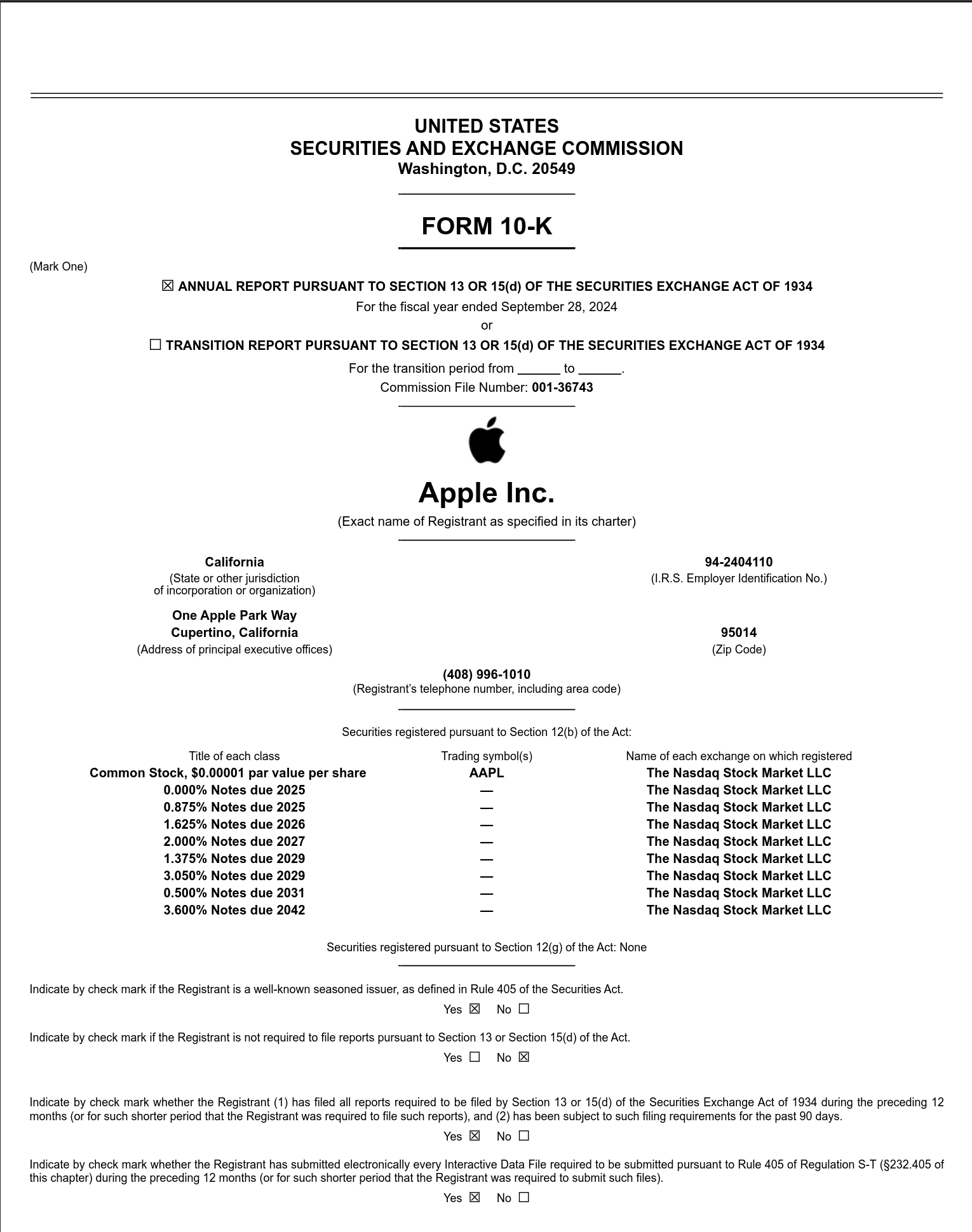 Page 1 of 121 of the 2024 Apple’s annual report (10-K)