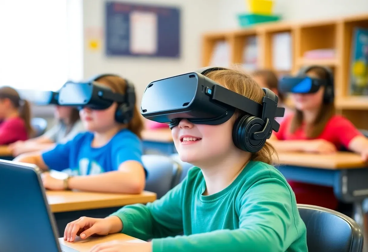 Kids wearing VR headsets in class