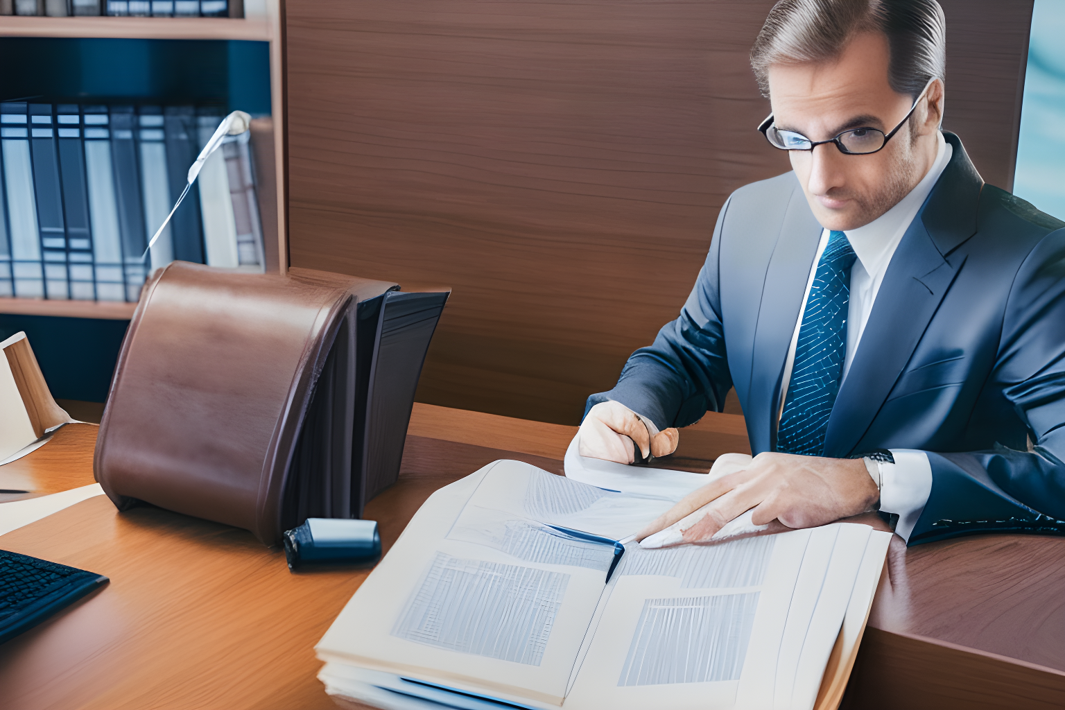 lawyer going over legal documents in their office