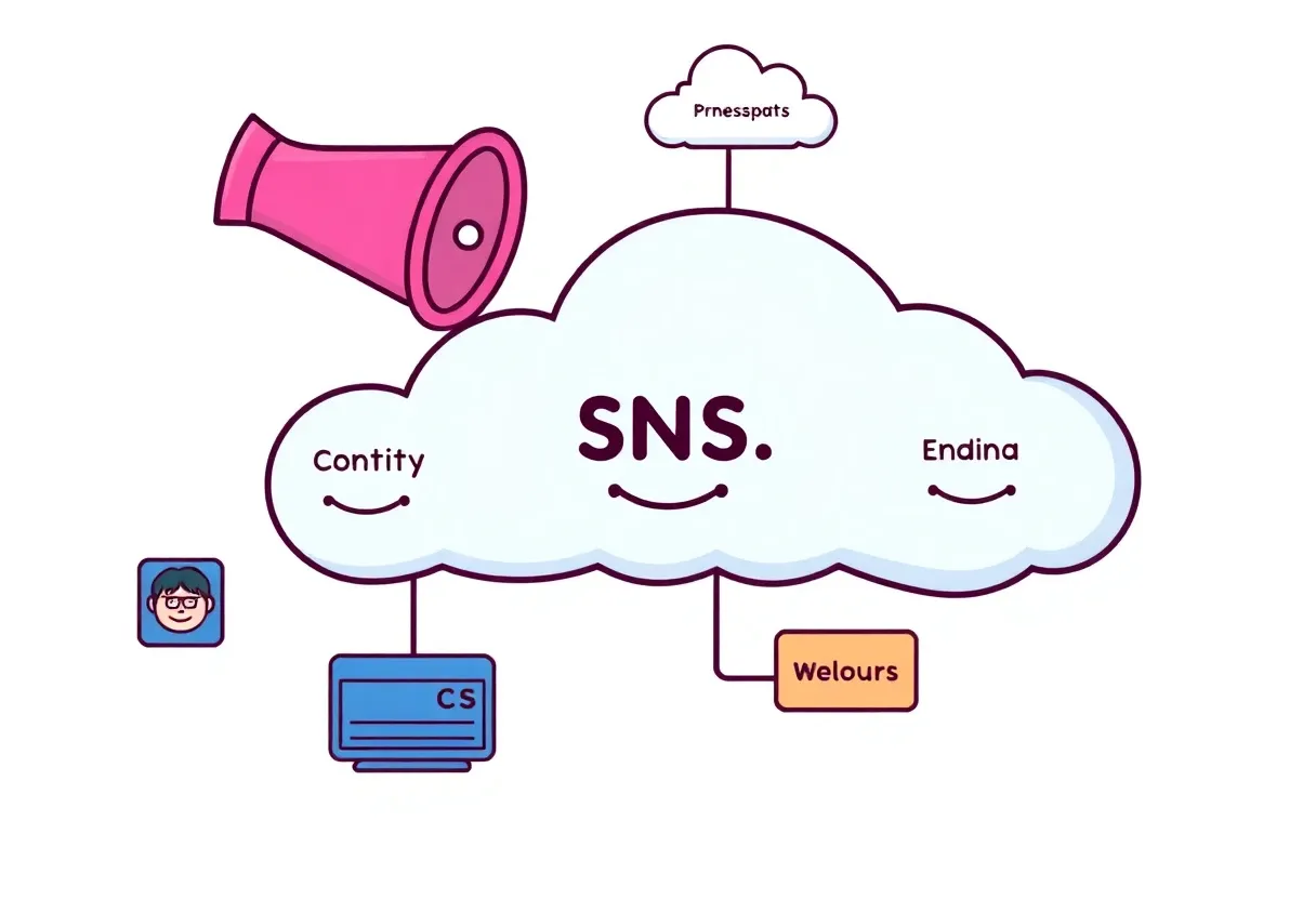 Let’s add some humor and playfulness to the prompt, giving it a cartoonish, friendly feel to match HackerNoon’s graphic style:  ---  "Funny cartoon-style illustration of a cloud-based event-driven architecture with quirky cloud icons representing different services. Depict SNS as a megaphone shoutin