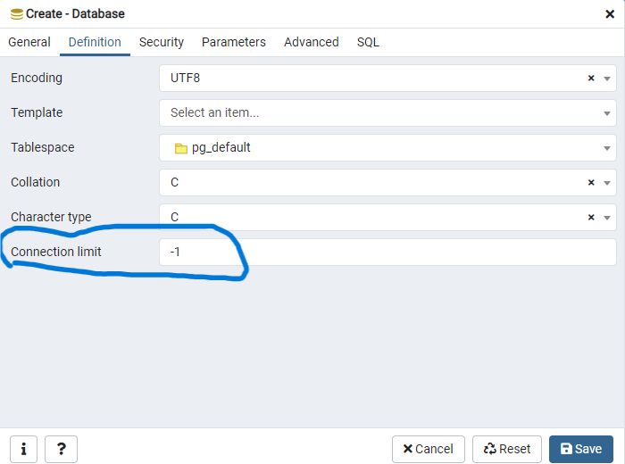 using Pgadmin for setting connection limit