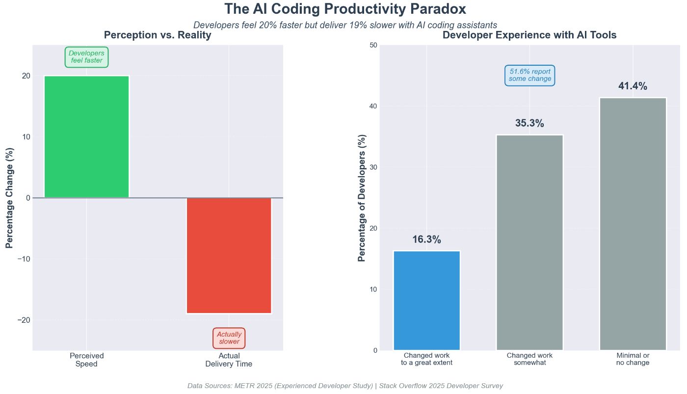 Developers feel 20% faster but actually deliver 19% slower.