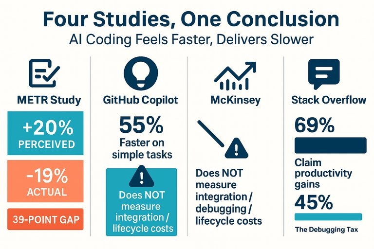 Figure 2: Four studies, one conclusion , AI coding feels faster but delivers slower