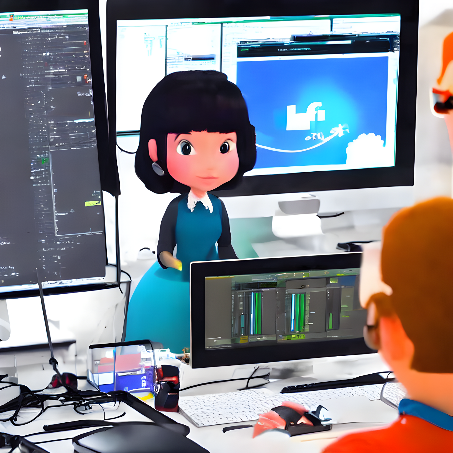 lo-fi girl animating in front of a computer, in the style of pixar