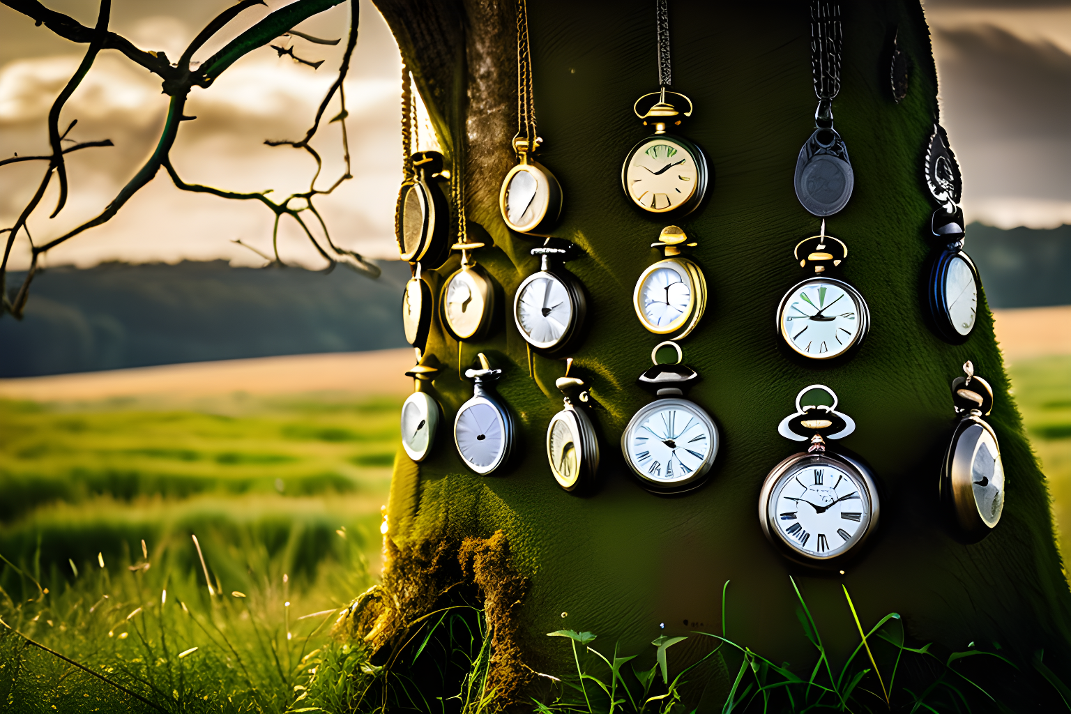 lots of pocket watches hanging from a barren tree standing alone in a field of grass