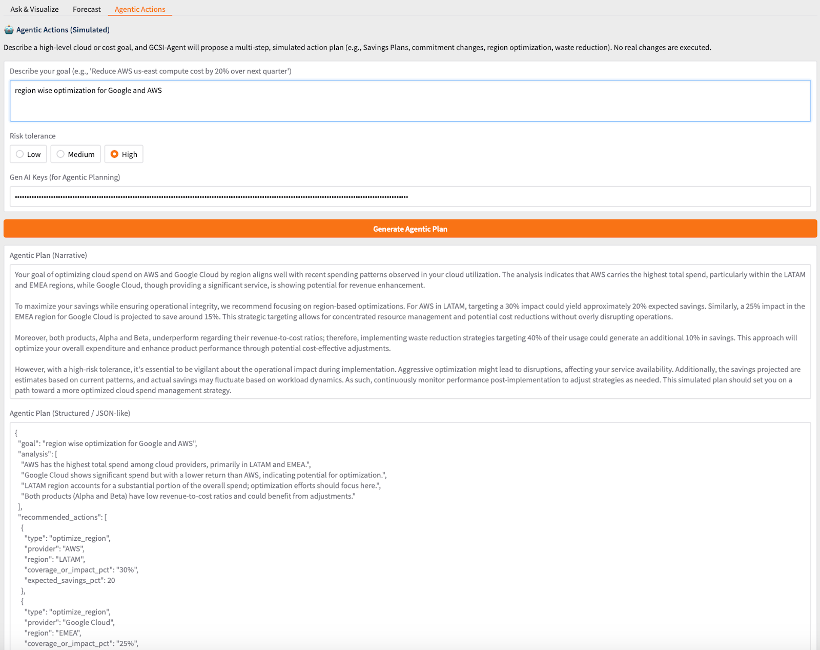 Figure 2: The agentic action object generated from a user query. This structured output summarizes the system's reasoning into a format that can be reviewed by a human decision-maker or passed directly into downstream workflow, alerting, or governance systems.