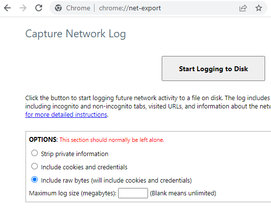 Chrome capturing network logs settings