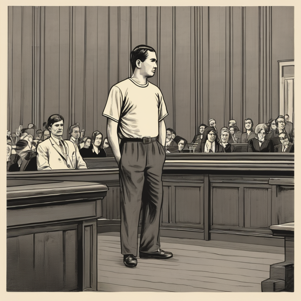 man, in an apple-branded (the phone company) t-shirt, standing trial in court.