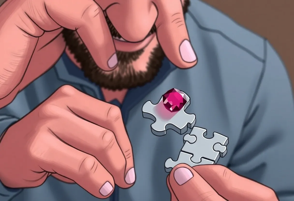 man putting together a tiny puzzle with a tiny ruby on it (pixealtedcartoon)