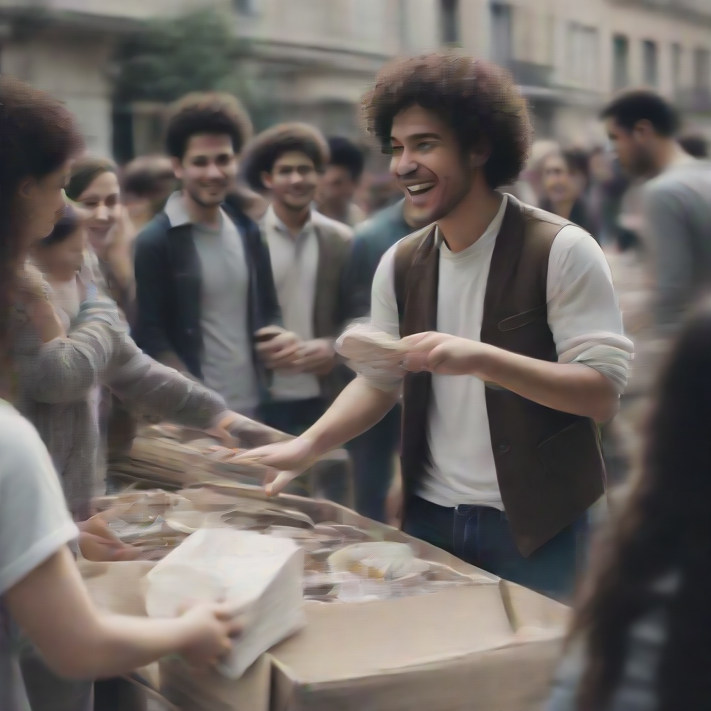 man with curly hair handing out items to a group of people