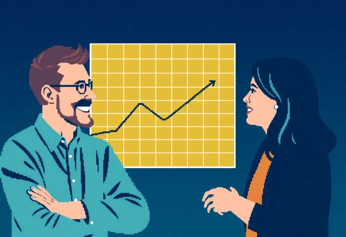 many key stakeholders smile because they understand the simple graph in front of them. pixelated style