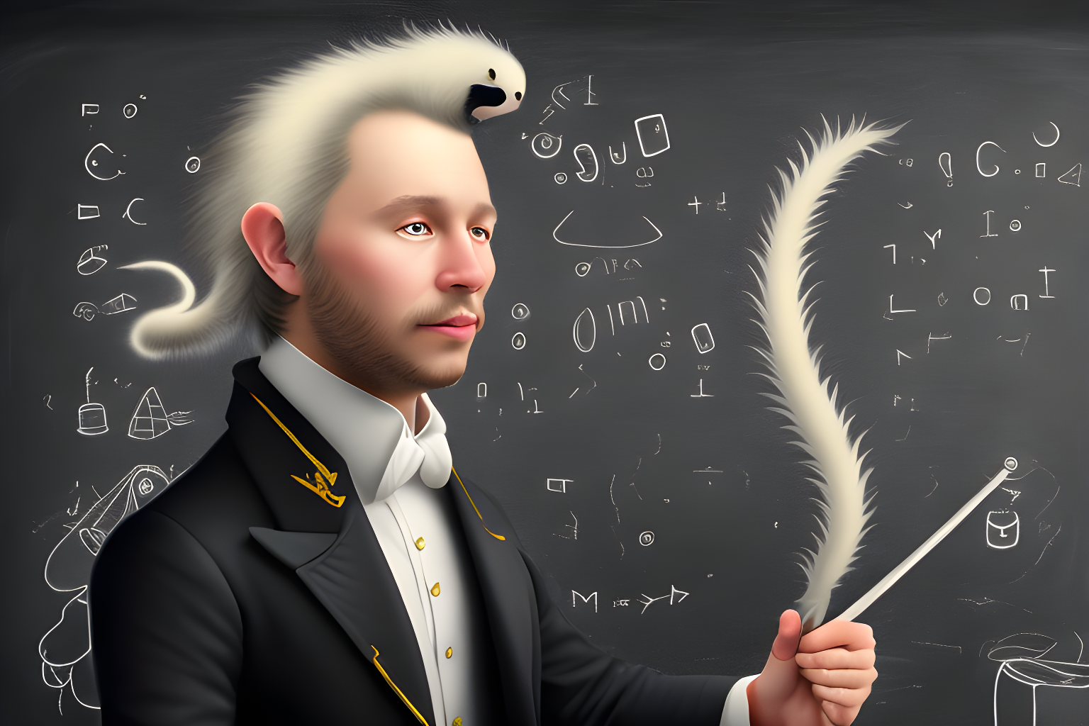 mdjrny-v4 style a person with a skunk tail stinking in front of a blackboard