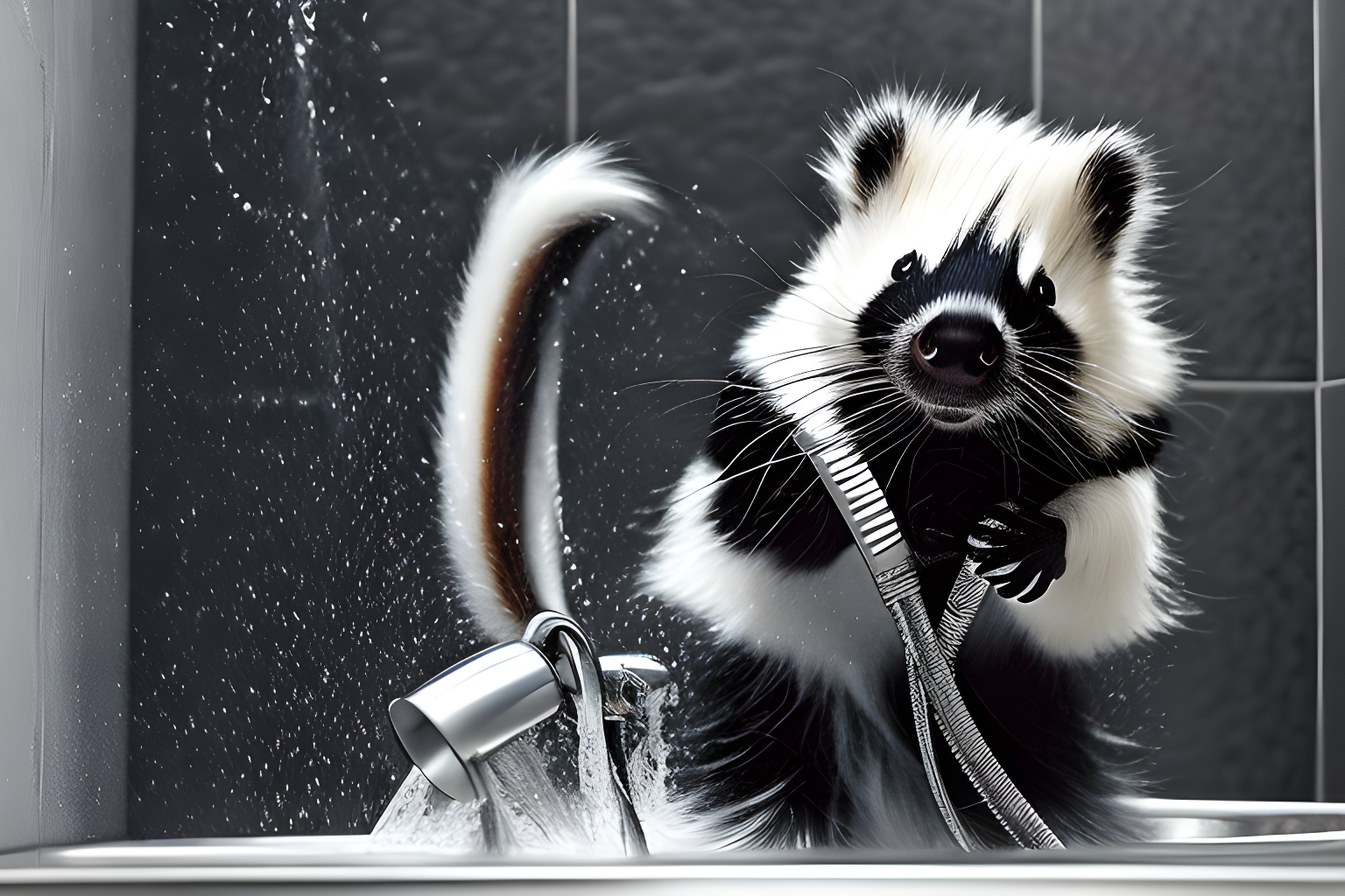 mdjrny-v4 style a skunk on a shower taking a bath