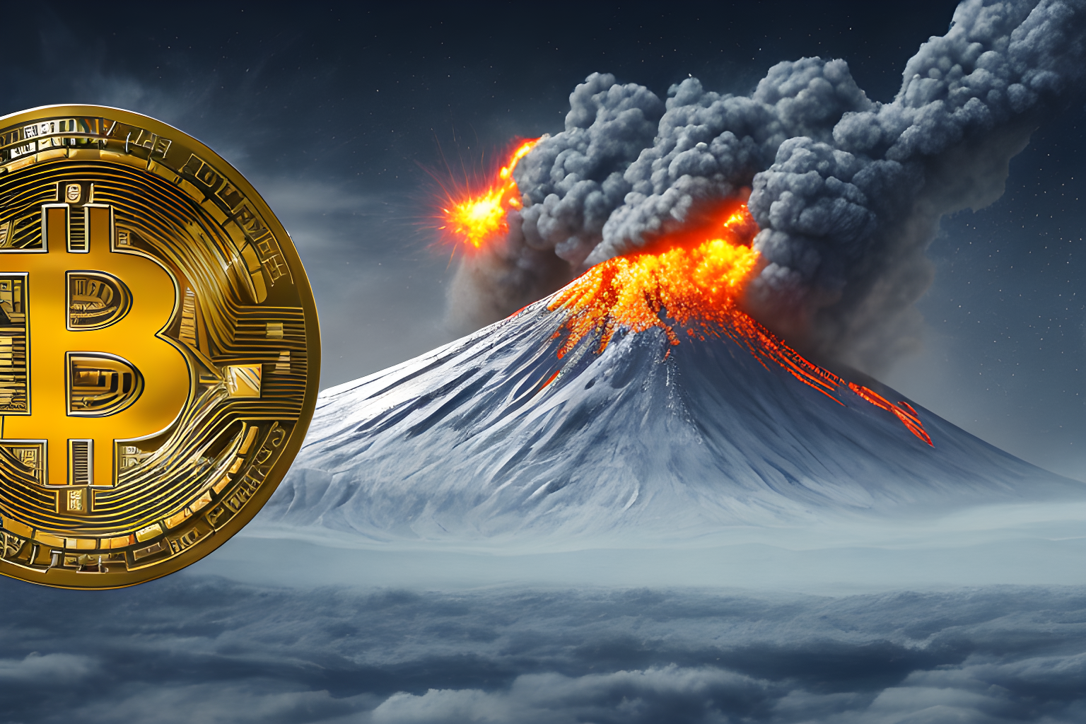 mdjrny-v4 style a volcano with a (bitcoin coin:3) at the peak